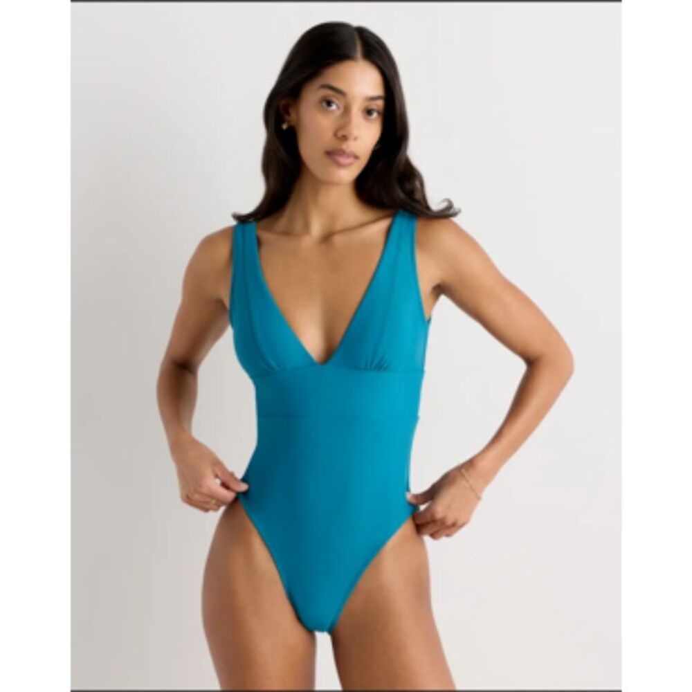 Quince Italian Plunge One Piece Swimsuit Small Teal Blue NWT